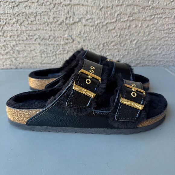 Birkenstock Arizona Shearling Eyelet Sandals Womens 41EU /10US Shiny Black Gold - Picture 3 of 13